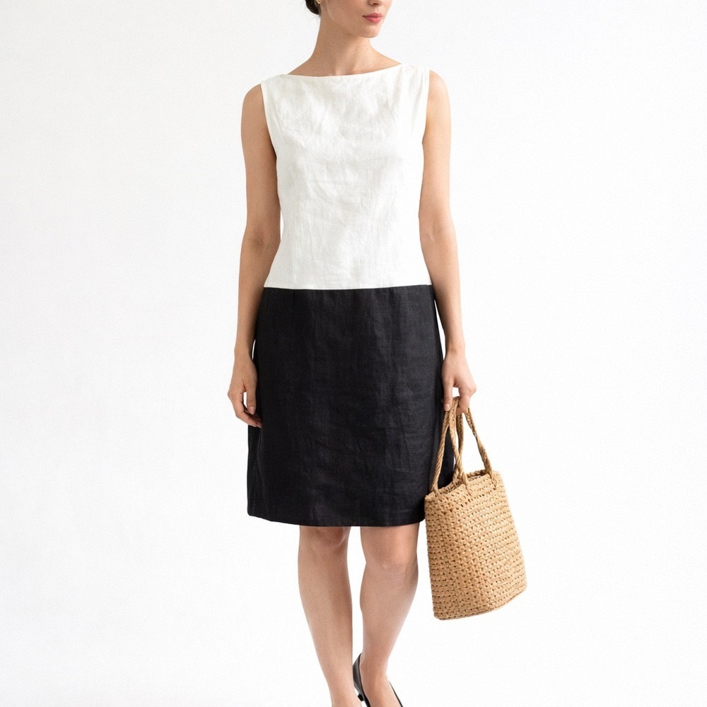 Agnes b Paris 100% Linen Colorblock Shift Dress French Minimalist Size 38 / 6